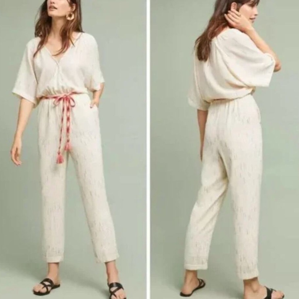 Anthropologie Cream coastal linen beach Wide-Leg Jumpsuit size xs